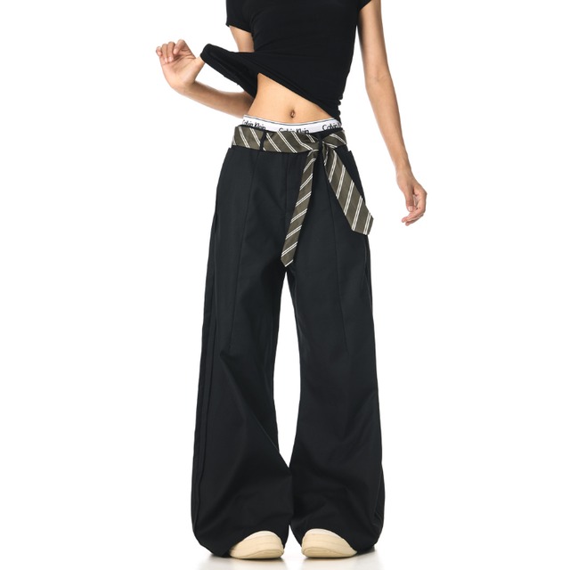 wide straight pants with striped tie　ストライプタイ付きワイドストレートパンツ　J1096
