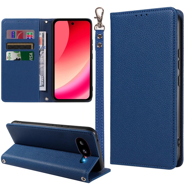 MINIKA Google pixel 10a 用 ケース 手帳型 ストラップ付き 高級PUレザー 3枚のカードを収納 おしゃれ【ダークブルー】
