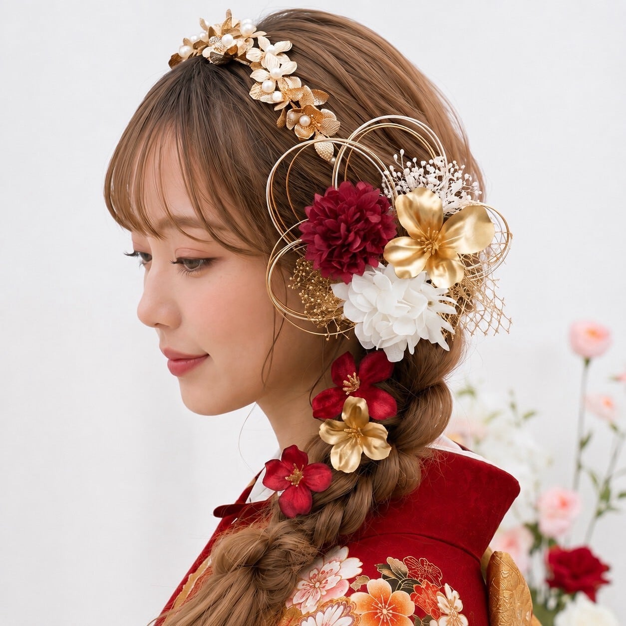 A113 カチューシャ ゴールド×赤 髪飾り 成人式 卒業式 袴 振袖 結婚式
