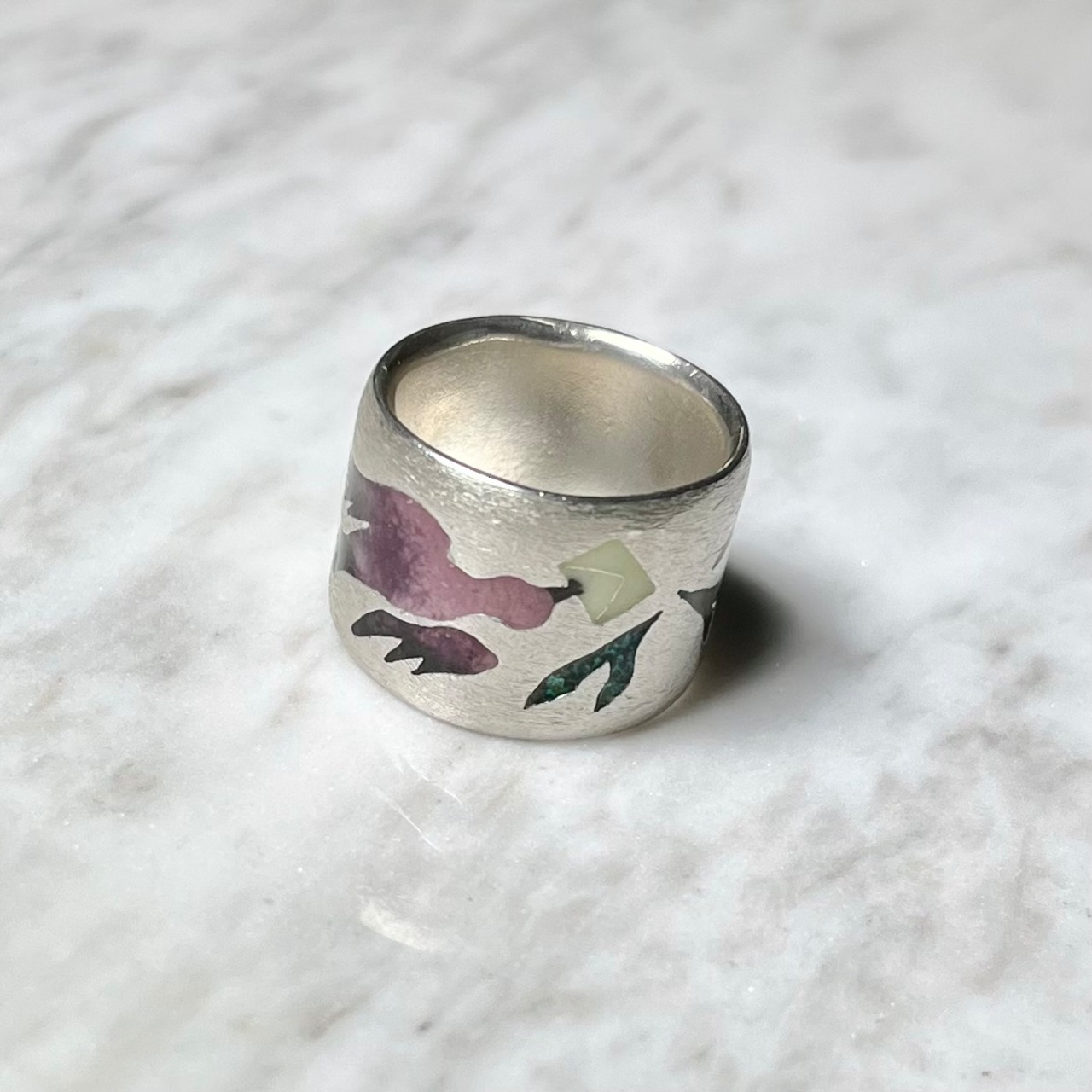 vintage silver wide band ring " brirds "