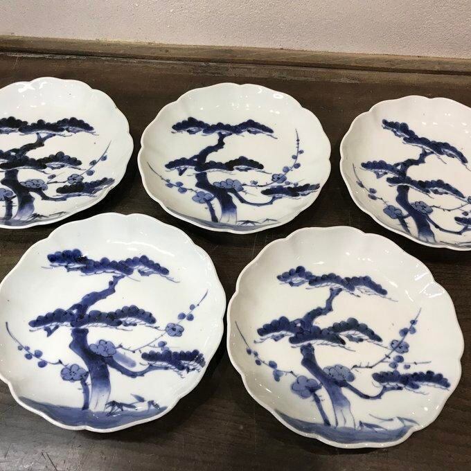 江戸後期　古伊万里　染付松竹梅文様輪花形六寸皿　十枚　共箱付　文政十年 古伊万里 染付 松竹梅文様 輪花形 六寸皿 10枚 | Nakayacacan (那加屋花冠)