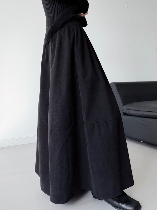 Corduroy black A-line long skirt [T2686]