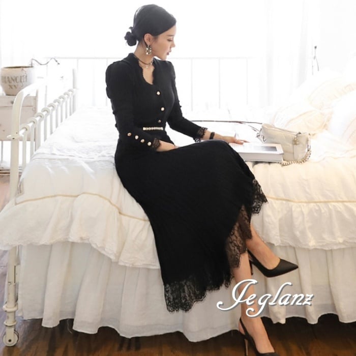 セットアップ 2点 ニット 異素材 レース Aライン スカート(M9111)ιλ