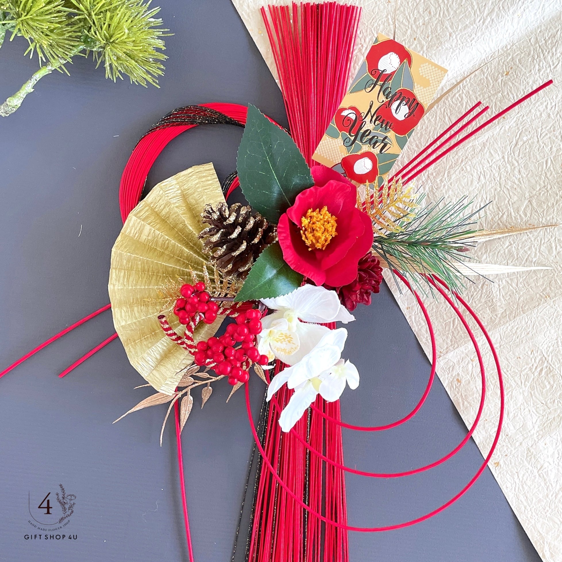 お正月】お正月お飾り ラタンしめ縄飾り（レッド＆ホワイト）紅椿 迎春