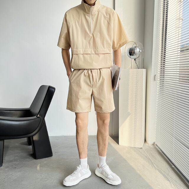 【予約販売】メンズ セットアップ 上下 ハーフパンツ 半袖シャツ 薄手 無地 グレー ベージュ カジュアル 春夏 M/L/XL/2XL/3XL