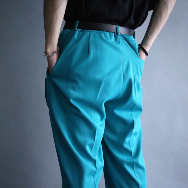 3-tuck tapered silhouette one point embroidery deep sky blue wide slacks