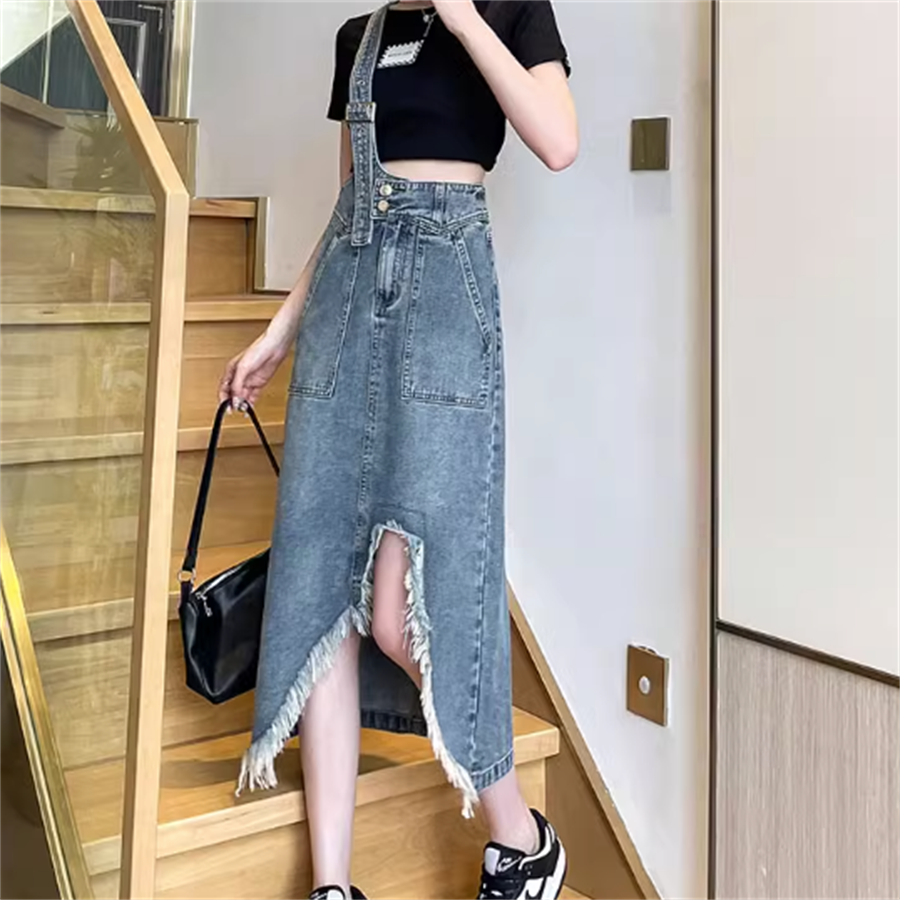 UN3D アシンメトリーデニムドレス　デニムサロペットスカート　デニムスカート atelier SOMETHING 2WAY LACE UP SALOPETTE SKIRT/レースアップ