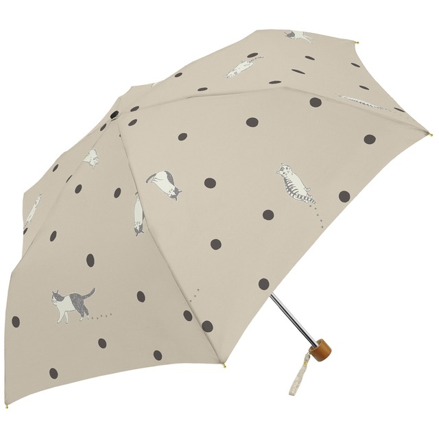 猫傘(雨晴兼用おりたたみ水玉と猫)ベージュ