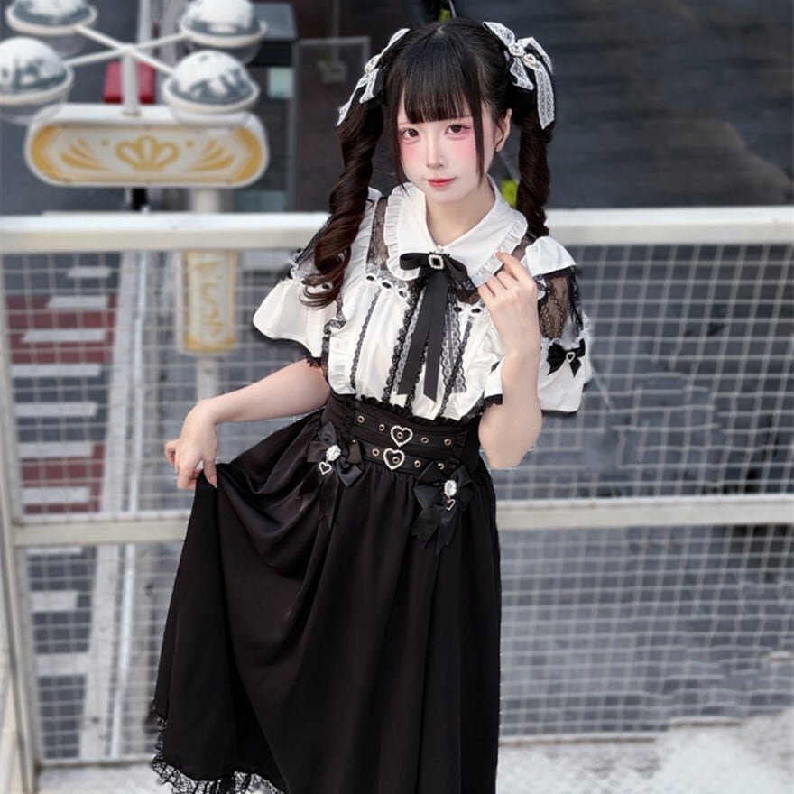 ゴスロリ｜黒レースオフショルセットアップ（白×黒）撮影会向け