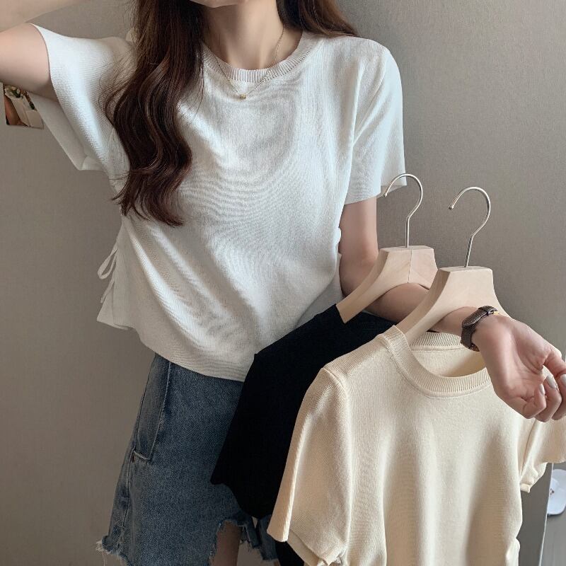ギャザーショートプルオーバー 薄手ニットセーター スリムソリッド カラーブラウス ソリッドカラー ハンチェンe26450554294