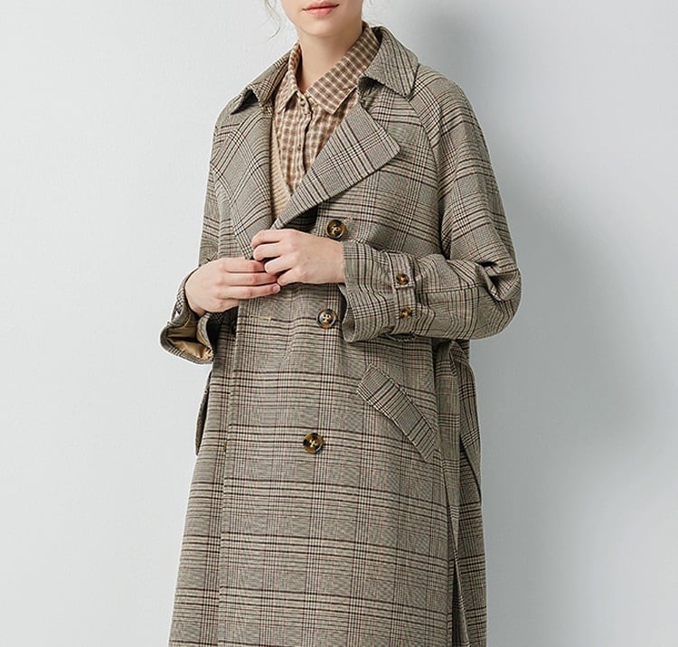 チェック柄ダブルブレストトレンチコート hevo グレー チェック柄