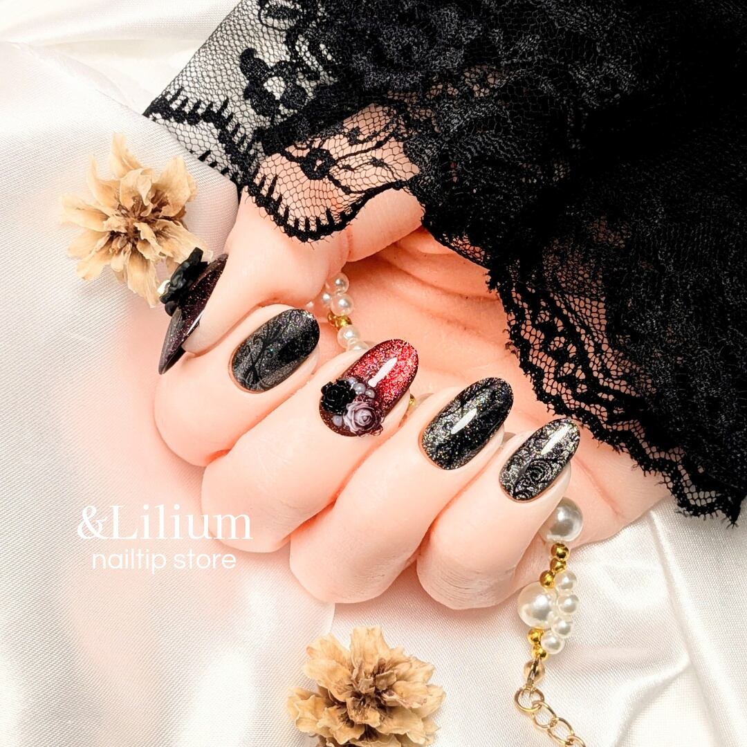 限定ネイルチップ 冬ネイル 黒ネイル レースネイル 黒薔薇