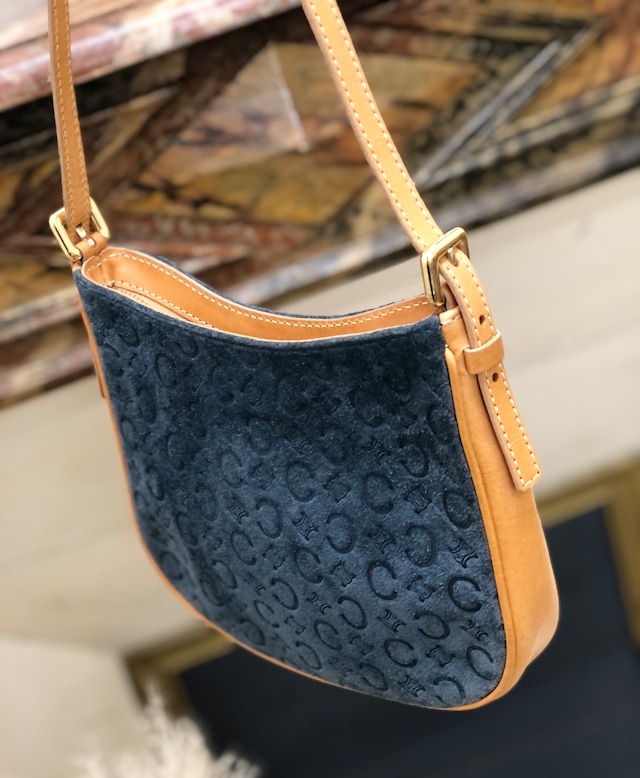 CELINE セリーヌ　レザー×スエード　ミニバッグ　ホーボー　ショルダーバッグ　ネイビー×キャメル　オールドセリーヌ 　ヴィンテージ 　vintage　cf3mff