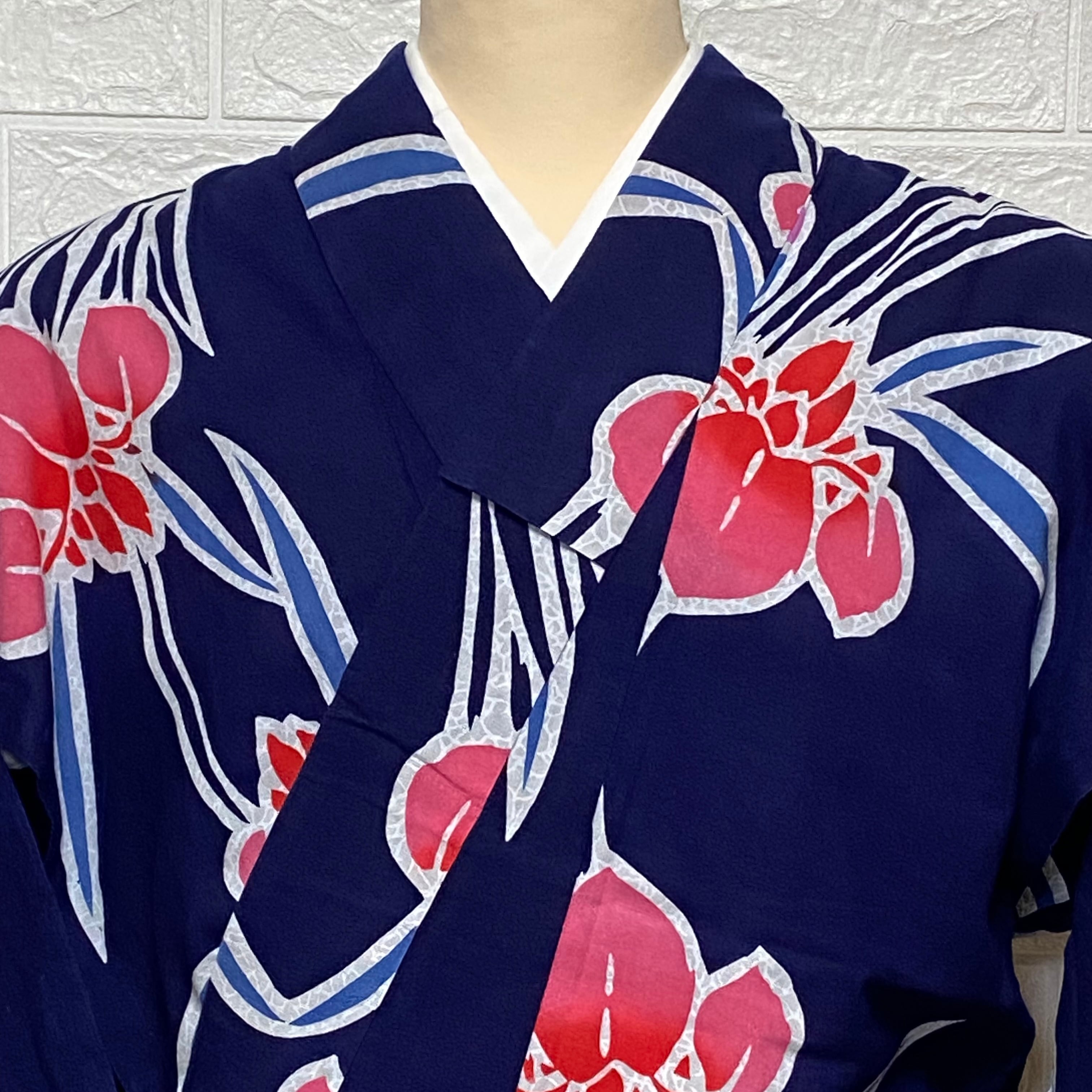 レディース 浴衣 綿 菖蒲 紺色 華やか 昭和レトロ 祭り 盆踊り 花火