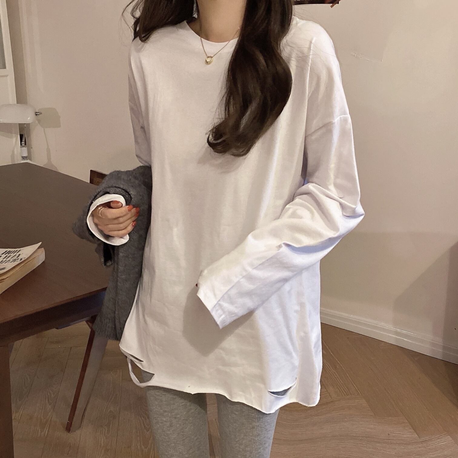 ホワイトTシャツ シャツ スプリングオータムルーズトップス ロング コットン 春物 秋物 1号婦人68999214337