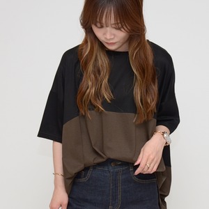 【夏素材×秋カラー】超さらさら！バイカラー ドルマンコクーンTシャツ　 - LEO-2578 ブラック＊チャカーキ -