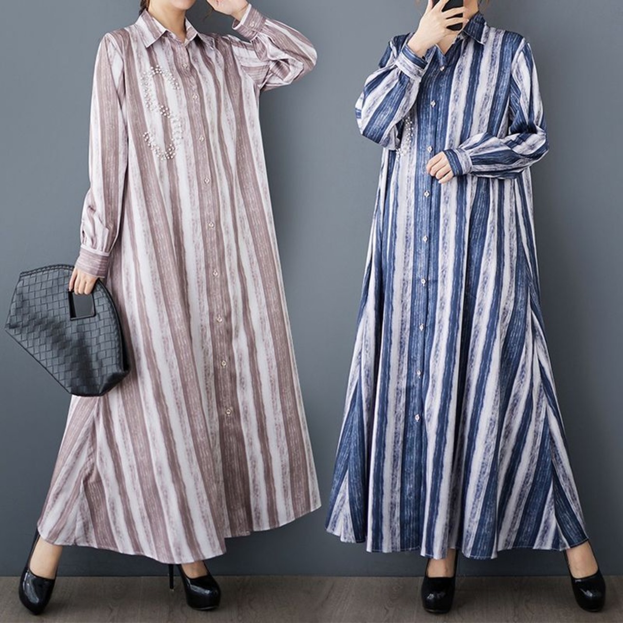 ストライプ柄 ビジュー装飾 シャツワンピース 00158