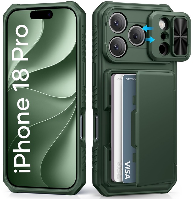 ATATOO for iPhone 18 Pro ケース カード収納(4-5枚) デュアルスライドカメラカバー (グリーン)