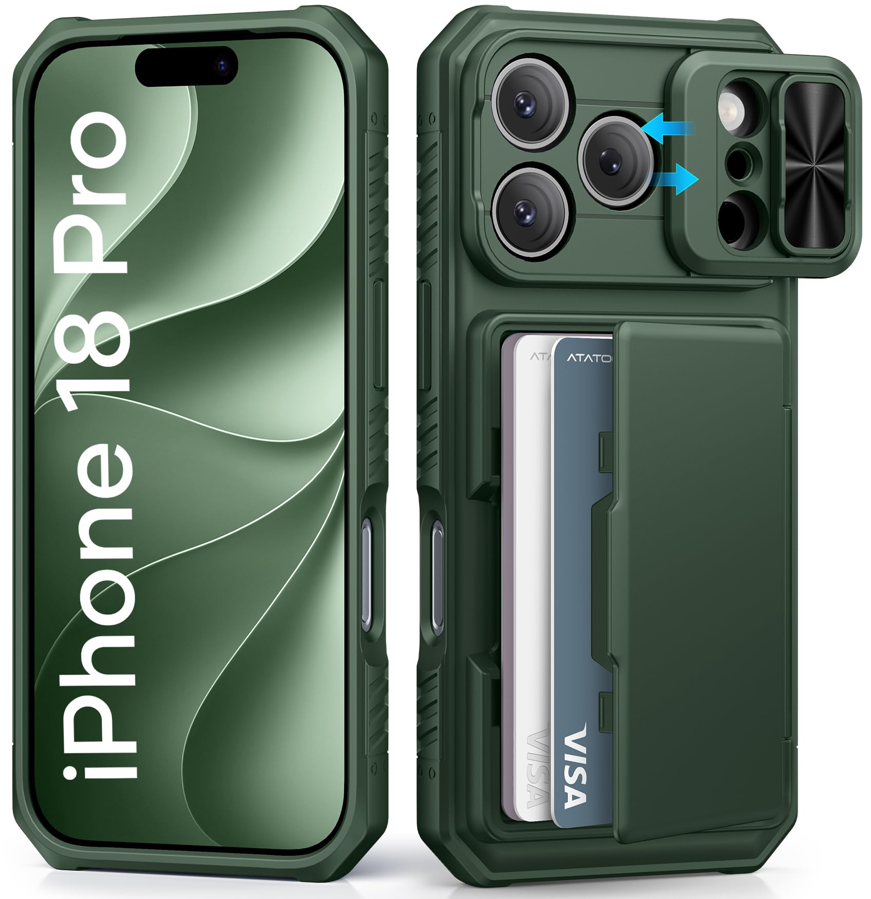 ATATOO for iPhone 18 Pro ケース カード収納(4-5枚) デュアルスライドカメラカバー (グリーン)