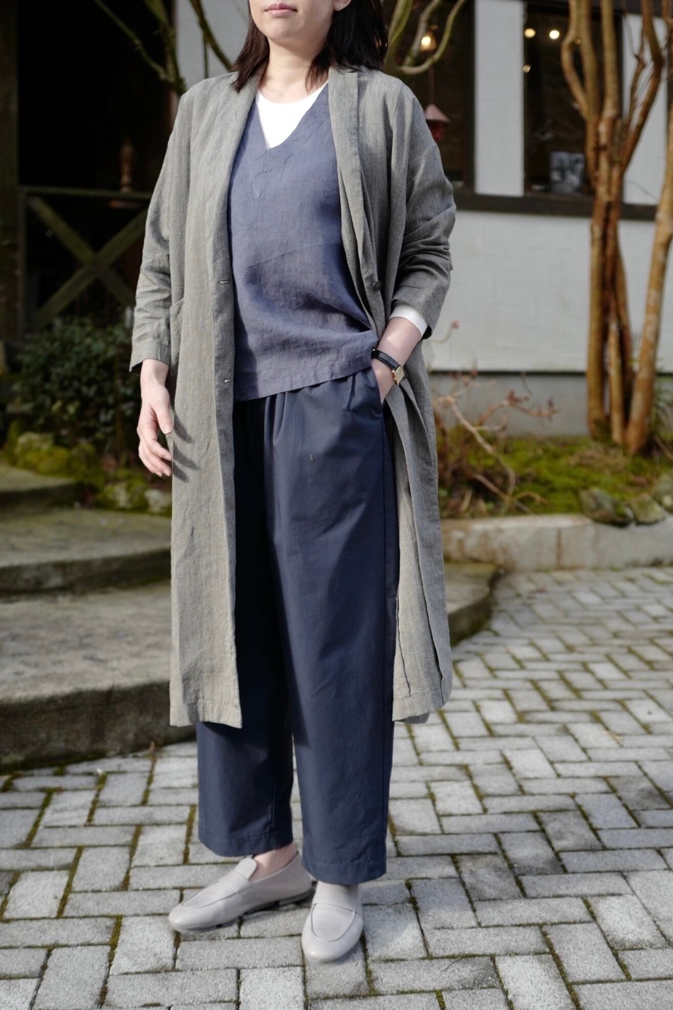 fog Inen work ロングベスト 別注》fog linen work｜普通地リネンVネックベスト・ジレ（col.ブルー