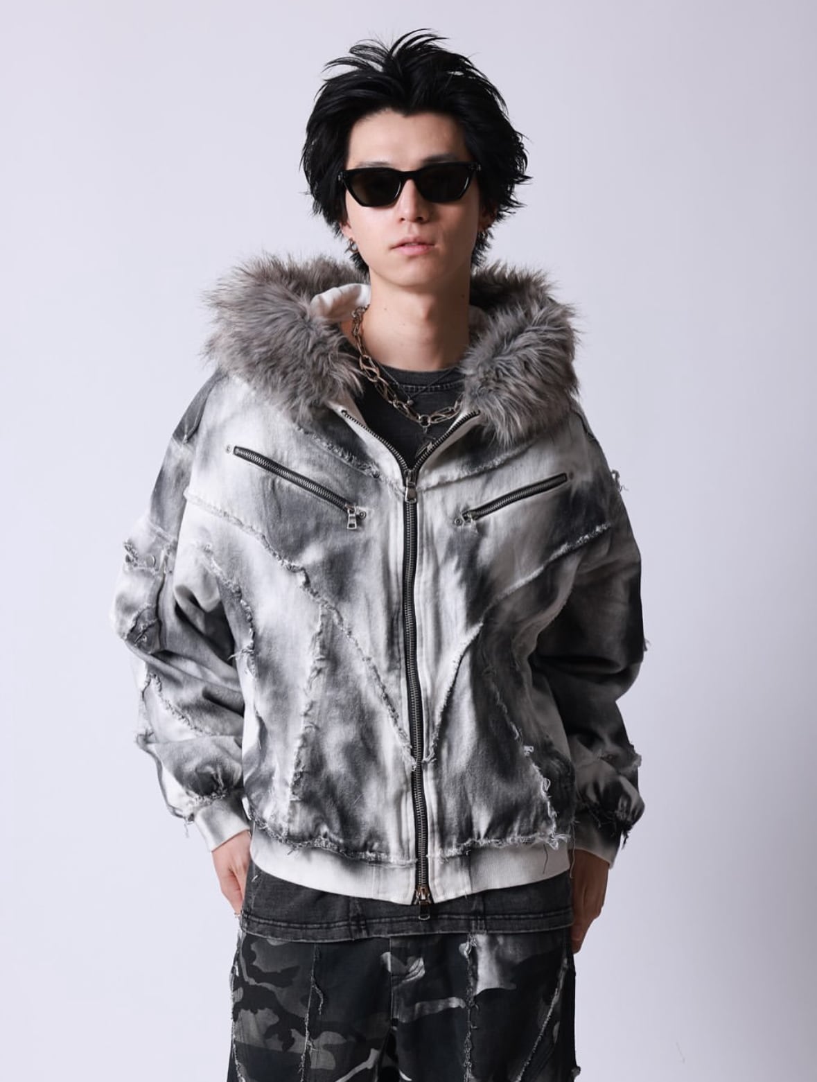 ファー脱着スプレーZIPパーカー グランジ Y2K | 韓国系ユニセックス
