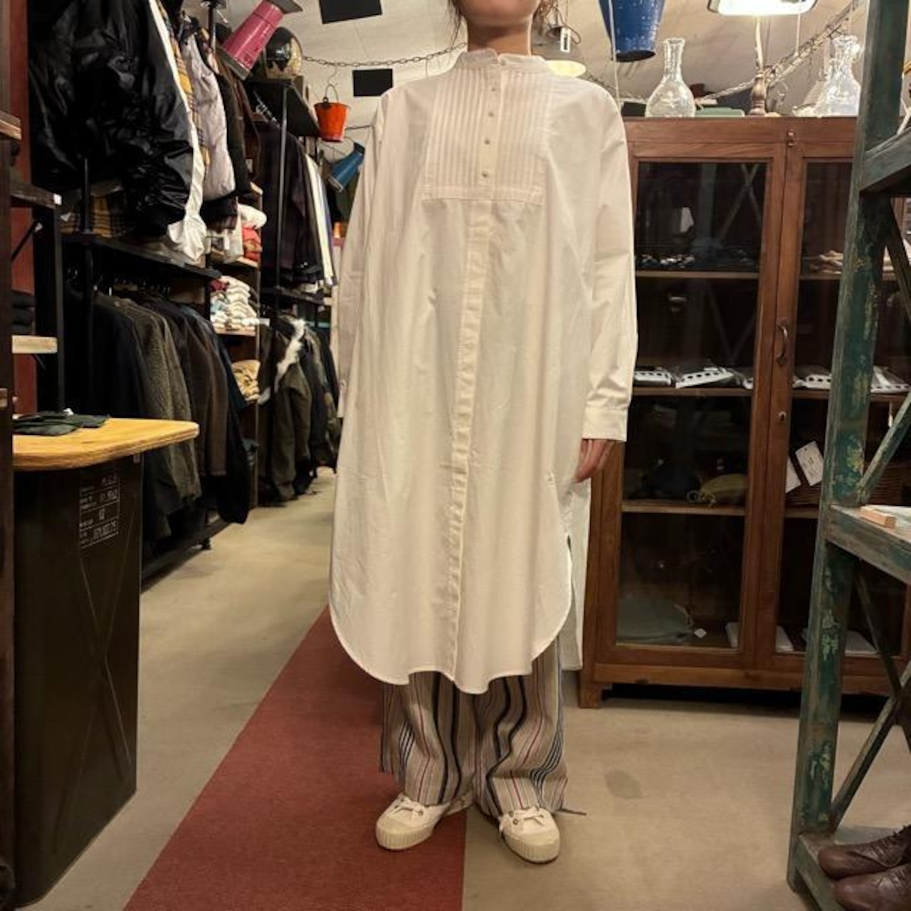 ICHI Cotton Pintuck Shirt Dress in White and White, Women's, Long Sleeve, Open Front, Perfect for Layering