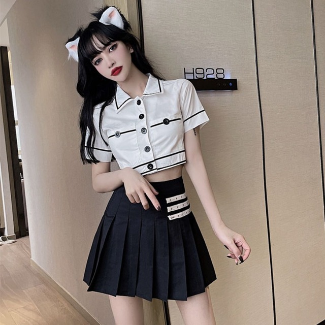 スタイルサマーショートシャツ トップス ハイウェストウェストスカート 夏物 ハンチェンe73584589449