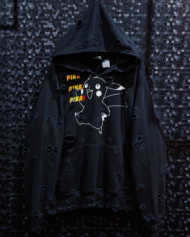 【ÆIEM】original”boro”remake Pokémon “Pikachu / PIKA PIKA PIKA!” graphic black pullover hoodie
