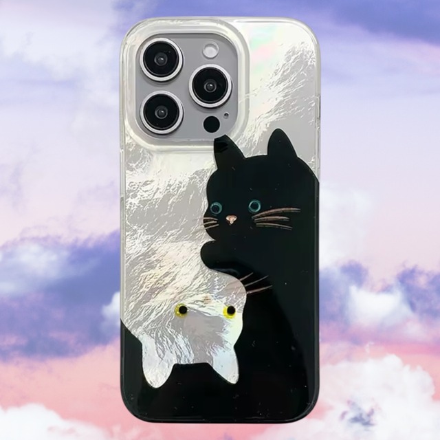 ツイン キャット 黒猫 オーロラ  iPhoneケース | スマホケース iPhone ケース アイフォンケース | 機種 iPhone 14 15 16 Pro Max シリーズ