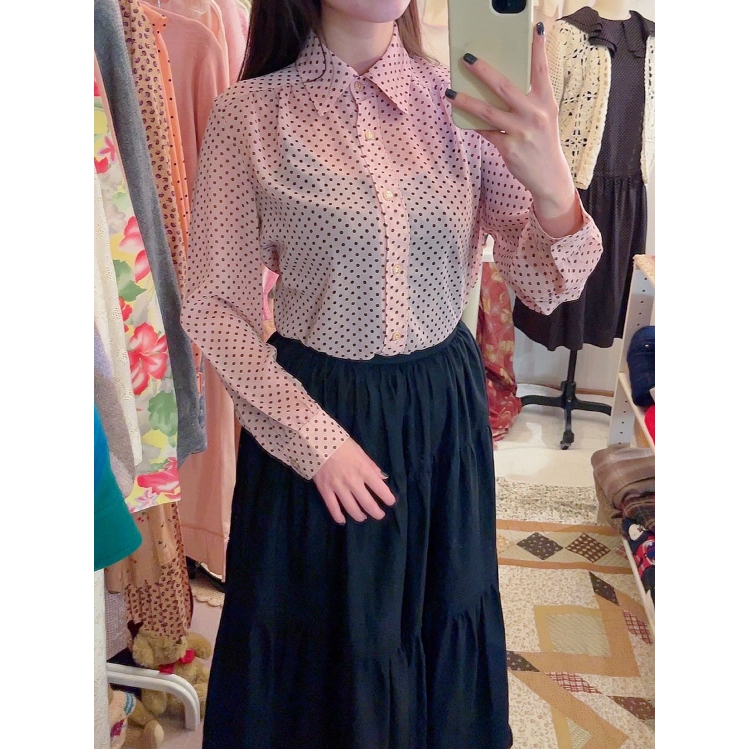 brown dot pink sheer blouse