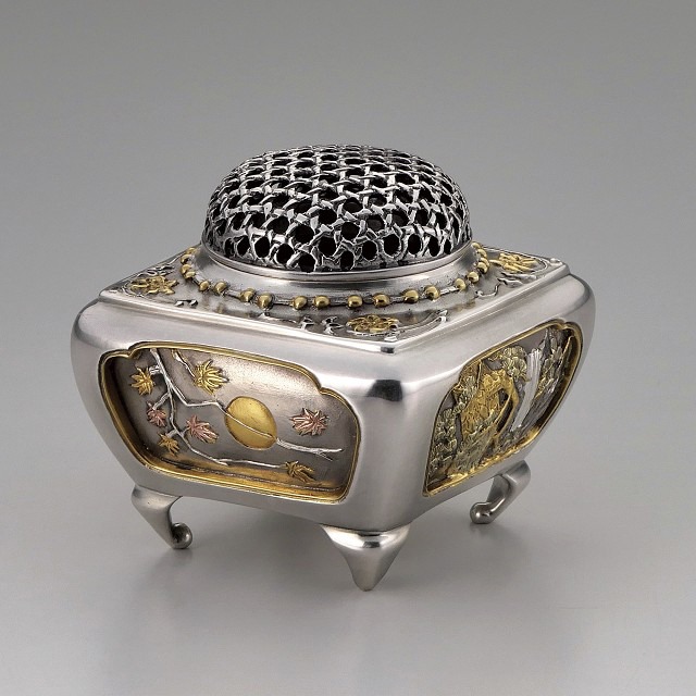 銀製 角型四季香炉　青鳳作