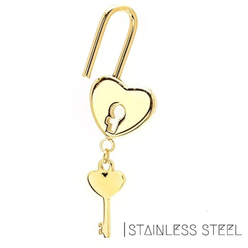 16G 14G ゴールド ハート 南京錠 ＆ 鍵 チャーム付 揺れるピアス
