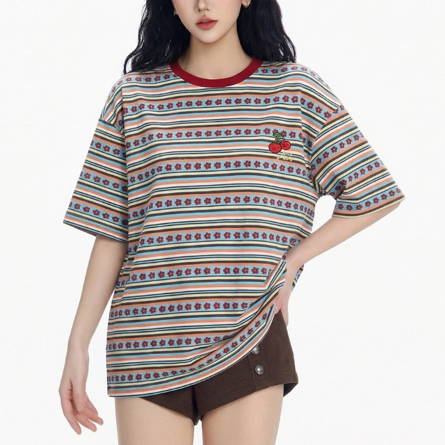 flower multi-border short-sleeve tee　フラワーマルチボーダー半袖ティー　J1862