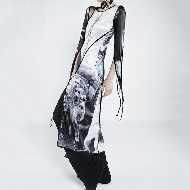 【TR0460】Print Long Slit Dress