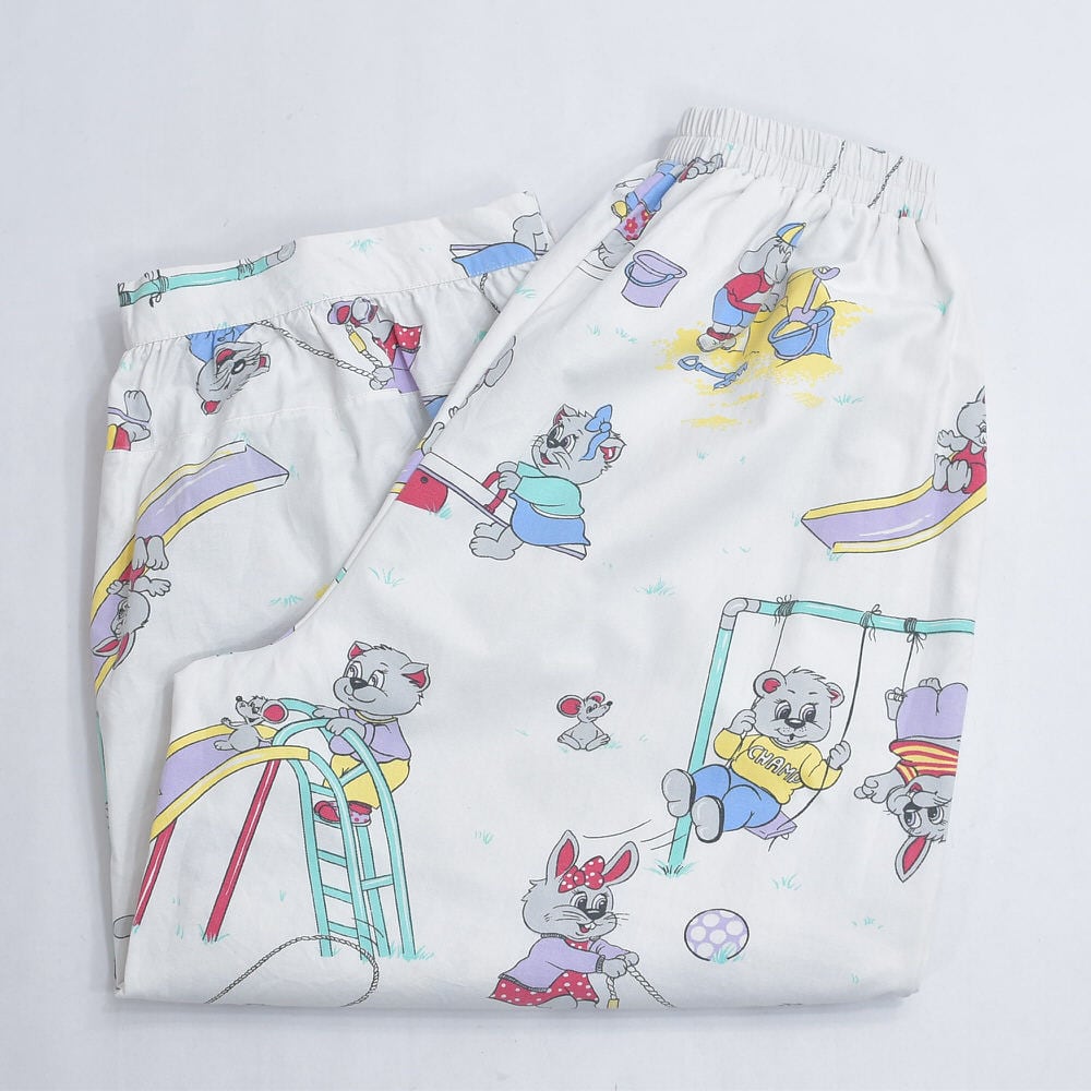 Remake ヴィンテージ テキスタイル リメイク バルーン シルエット イージーパンツ キャラクター アニマル柄 レトロ マウス キャット 裏地付き ビンテージ 古着 レディースW66~112cm