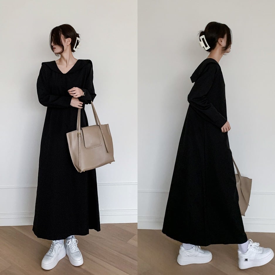 ワンピース ロングワンピ 2022年春新作 長袖ワンピ Vネック 体型カバー おしゃれ