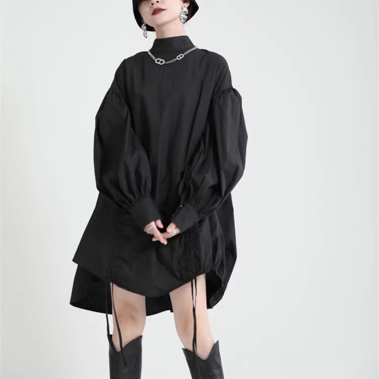 Lantern sleeve fluffy drawstring shirt(ME066)