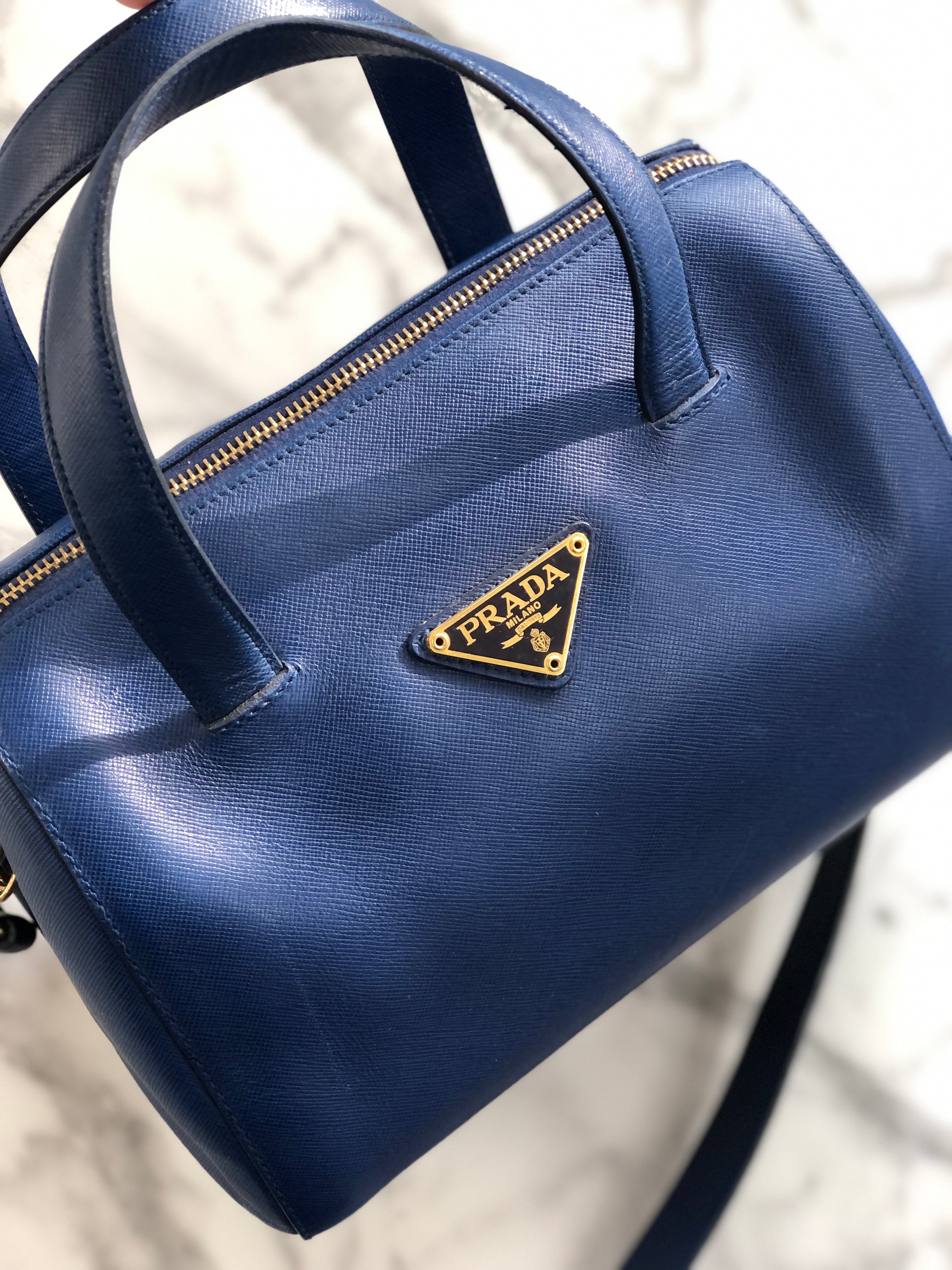 PRADA プラダ　トライアングルロゴ　サフィアーノレザー　ミニボストン　ミニバッグ　ショルダーバッグ　ブルー　vintage　ヴィンテージ　オールド　 mghj7s | VintageShop solo powered by BASE