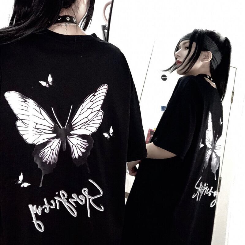 ダークButterflyデザイン プリントスプリングサマースタイルカジュアルTシャツ トップス 大きめサイズ かわいい 春物 夏物 ケッペル77031401303