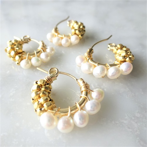 送料無料 14kgf Freshwater pearl gold bi-color wraped earring／pierce パール