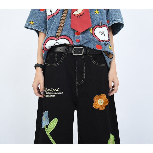 フラワーパッチクロップドデニムパンツ 2col   R02404