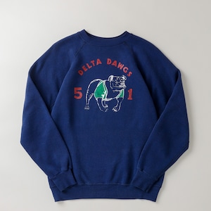 【極美品】50s special vintage military raglan sweat shirt U.S. ARMY "DELTA DAWGS" Flocky Print made in USA fade navy big size / 50年代 ヴィンテージ 長袖 ラグラン袖 スウェットシャツ トレーナー USA製 アメリカ軍 ミリタリー 実寸サイズL ビッグサイズ フェード ネイビー フロッキープリント 激レア