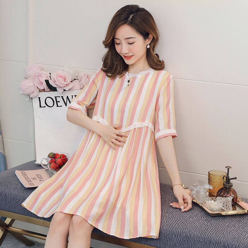【新作】【送料無料】 新しいマタニティドレスファッションカラーストライプミドル丈ルーズプラスサイズマタニティドレスのマタニティドレス2019夏バージョン-アリババ 大きめサイズ サマー 夏物 expec294624985413