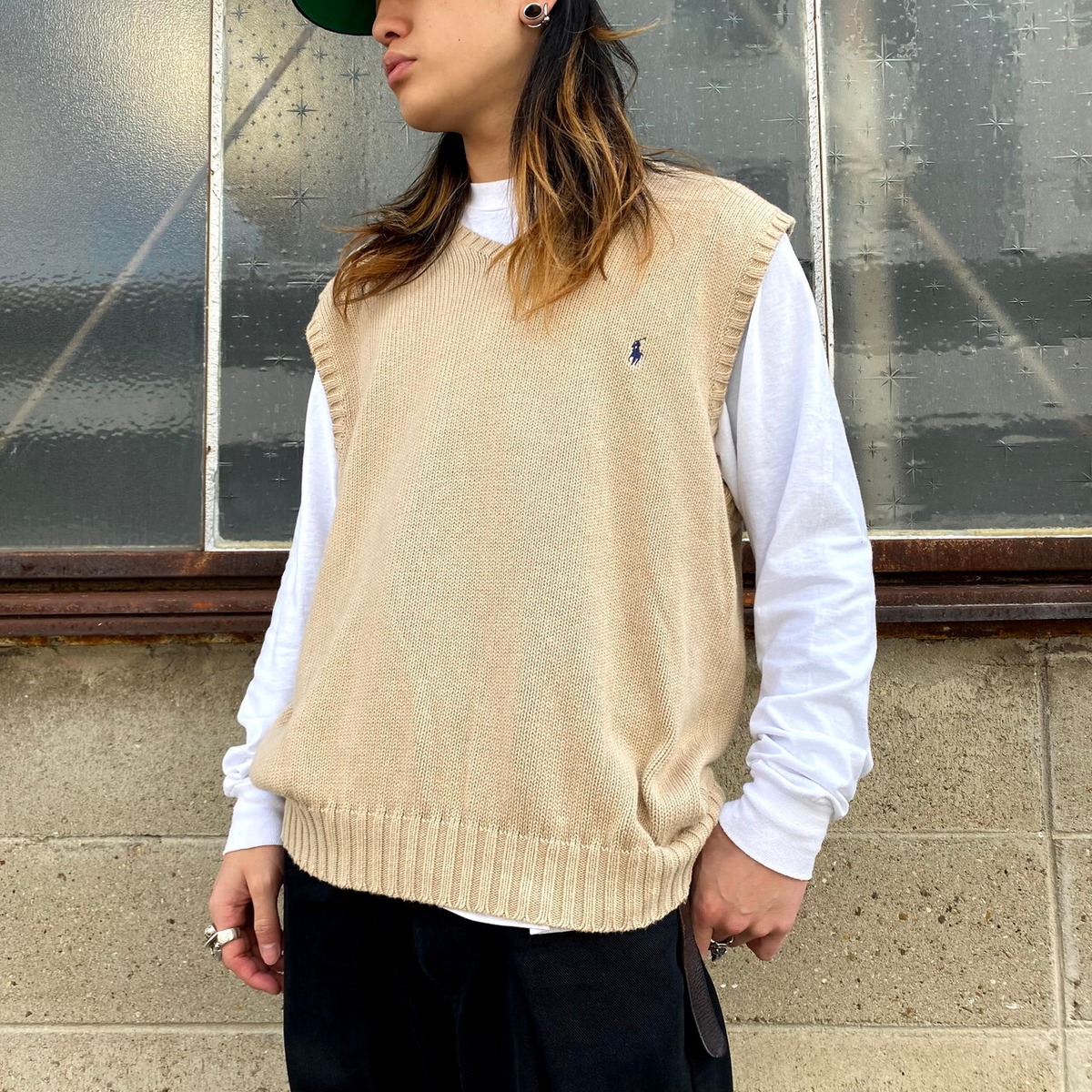 ポロバイラルフローレン コットンニットベスト メンズL 古着 Polo by 