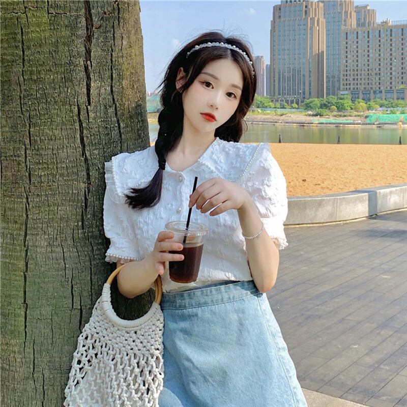 スタンダードレーススリーブホワイトシャツ カラーブラウス サマー薄手 レトロ 夏物 萌量不足49678158197