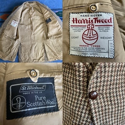 年代 ビンテージ 英国製 HARRIS TWEED ハリスツイード St.Michael セントミカエル ウールテーラードジャケット メンズL相当  古着 s ヴィンテージ ライトウェイト ヘリンボーン 2B ブラウン系 茶色 肩パッド入りブルゾン・ジャケットSA   cave