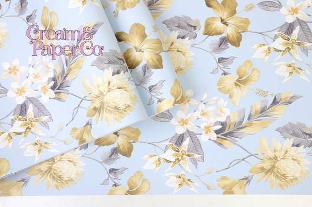 【切り売り】スカイブルー × イエロー Tropical flower FL1-778004MT for DIY 53㎝×10m リピート53㎝