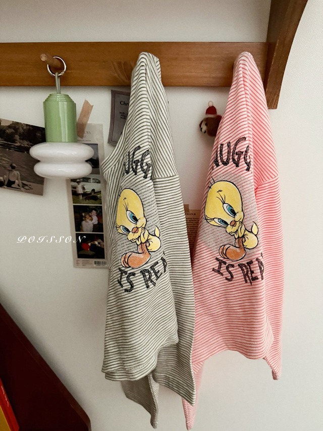 [即納L/XL]≪POISSON≫Looney Toon Striped T-Shirt khaki 15