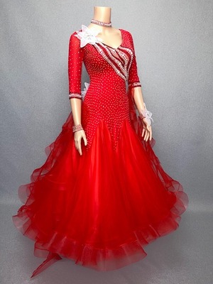 社交ダンス ドレス　スタンダード　モダンドレス　レッド　M～ML　ST-22-17 　デモ・競技用ドレス　発表会　衣装　パーティドレス　ワンピース　舞台衣装