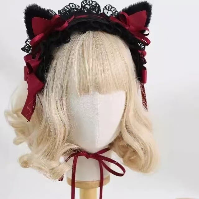 ロリータデビュー応援：初回限定」 ゴスロリ 猫耳レースリボンヘッド
